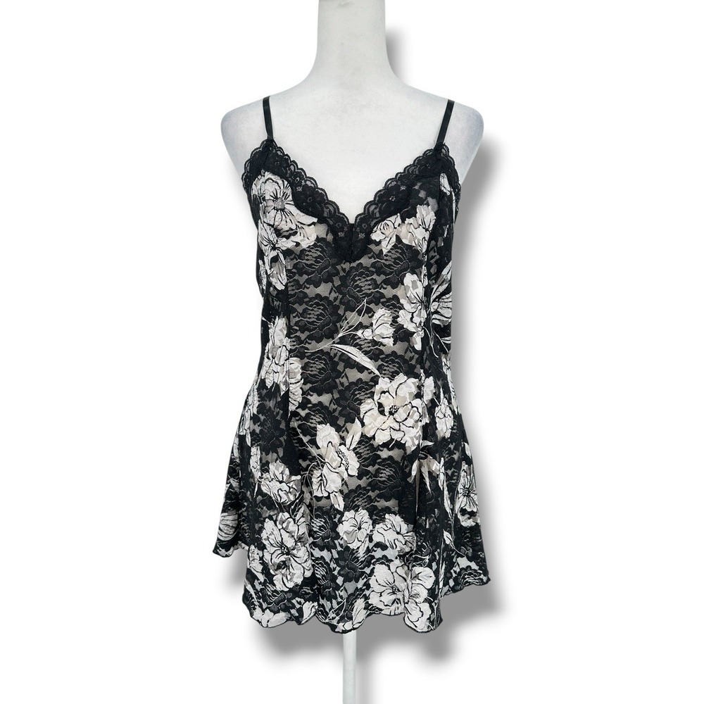 Black Lace Floral Slip Dress‎ M Bow Slit Cami Mesh Coquette Y2K Whimsygoth